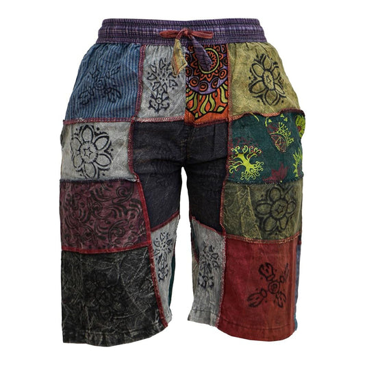Mens Patchwork Elasticated Waist Boho Festival Pants Cotton Hippie Summer Shorts