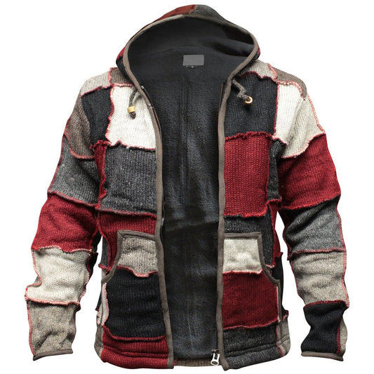 Mens Winter Patch Wool Hippie Jacket, Colourful Hoodie with 2 Pockets and Zipper