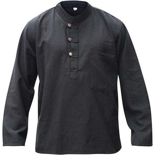 Mens Plain Hemp Band Collar Hippy Summer Light Tops Full Sleeve Grandad Shirt