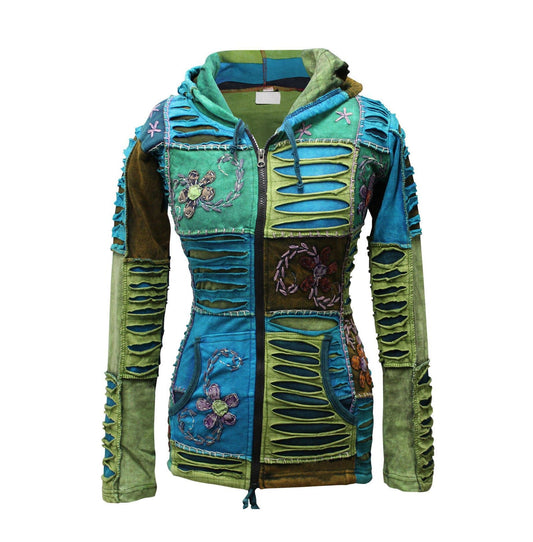 Women Flower Embroidery Razor Cut Pixie Hooded Jacket