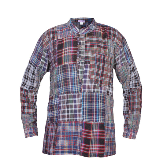Men's Patchwork Casual Button Down Kurta Checkered Cotton Hippie Grandad Shirts