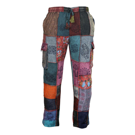 Mens Hippie Trousers Elastic Waist Patchwork Pants Bohemian Festival Clothes