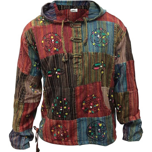 MEN STONEWASHED STRIPE PATCHWORK HIPPY HOODED GRANDAD SHIRT