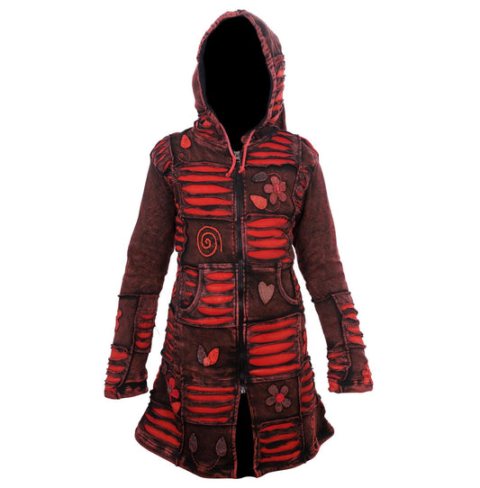 Women's Red Floral and Razor Cut Acid Wash Long Coat