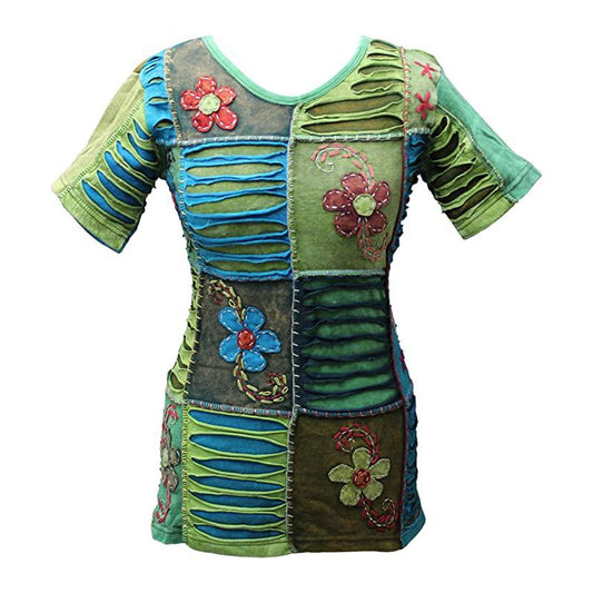Women Blue Flower Embroidered Short Sleeves Hippy T-Shirt/Top