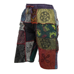 Mens Patchwork Elasticated Waist Boho Festival Pants Cotton Hippie Summer Shorts