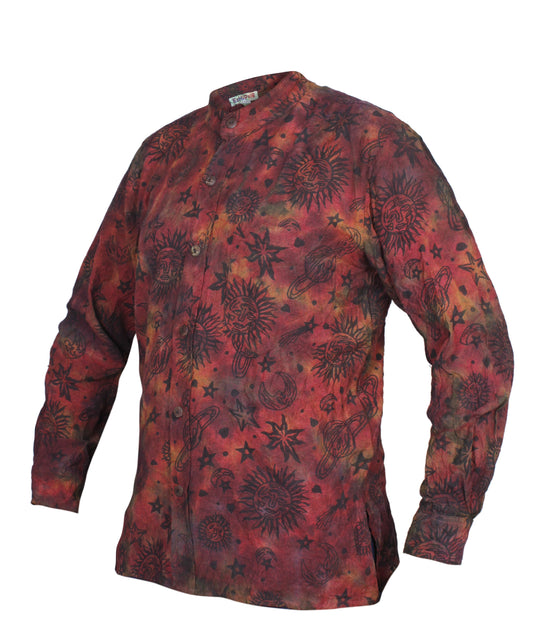 Men's Space Tie Dye Henley Shirt, Hand Made Long Sleeve Collarless Casual Shirt