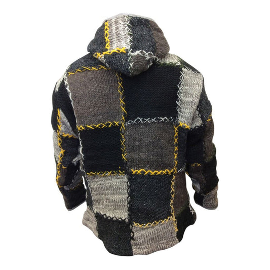 Mens Winter Patch Wool Hippie Jacket, Colourful Hoodie with 2 Pockets and Zipper