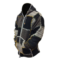 Mens Winter Patch Wool Hippie Jacket, Colourful Hoodie with 2 Pockets and Zipper