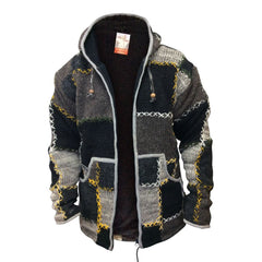 Mens Winter Patch Wool Hippie Jacket, Colourful Hoodie with 2 Pockets and Zipper