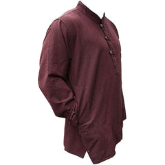 Mens Plain Hemp Band Collar Hippy Summer Light Tops Full Sleeve Grandad Shirt