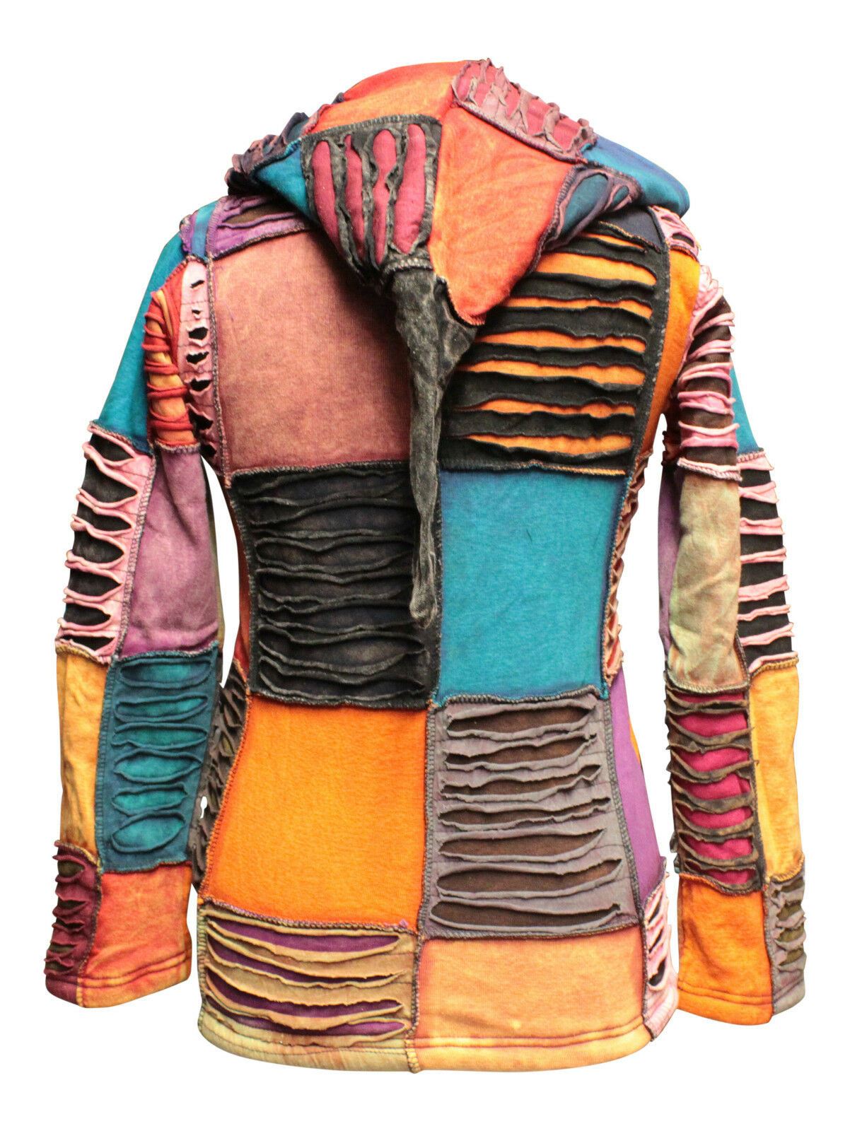 Our lightweight, comfortable and 100% cotton & fleece jackets are the perfect addition to your wardrobe. This pixie hooded jacket is hip length and zips up with two side pockets. These jackets feature floral embroidery with sections of razor cut patches. They feature a full front zip with long pointed hood, drawstring at waist and hem and they have two deep front pockets.