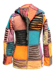 Our lightweight, comfortable and 100% cotton & fleece jackets are the perfect addition to your wardrobe. This pixie hooded jacket is hip length and zips up with two side pockets. These jackets feature floral embroidery with sections of razor cut patches. They feature a full front zip with long pointed hood, drawstring at waist and hem and they have two deep front pockets.