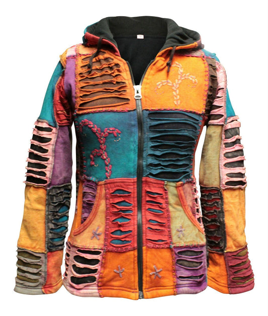 Our lightweight, comfortable and 100% cotton & fleece jackets are the perfect addition to your wardrobe. This pixie hooded jacket is hip length and zips up with two side pockets. These jackets feature floral embroidery with sections of razor cut patches. They feature a full front zip with long pointed hood, drawstring at waist and hem and they have two deep front pockets.