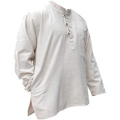Mens Plain Hemp Band Collar Hippy Summer Light Tops Full Sleeve Grandad Shirt