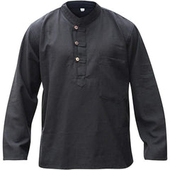 Mens Plain Hemp Band Collar Hippy Summer Light Tops Full Sleeve Grandad Shirt