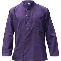 Mens Plain Hemp Band Collar Hippy Summer Light Tops Full Sleeve Grandad Shirt