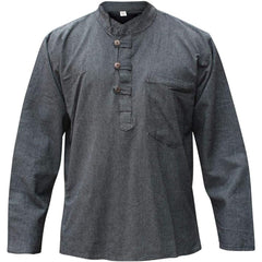 Mens Plain Hemp Band Collar Hippy Summer Light Tops Full Sleeve Grandad Shirt