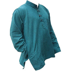 Mens Plain Hemp Band Collar Hippy Summer Light Tops Full Sleeve Grandad Shirt
