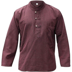 Mens Plain Hemp Band Collar Hippy Summer Light Tops Full Sleeve Grandad Shirt