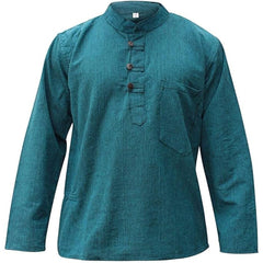 Mens Plain Hemp Band Collar Hippy Summer Light Tops Full Sleeve Grandad Shirt