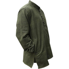 Mens Plain Hemp Band Collar Hippy Summer Light Tops Full Sleeve Grandad Shirt