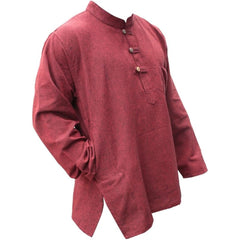 Mens Plain Hemp Band Collar Hippy Summer Light Tops Full Sleeve Grandad Shirt