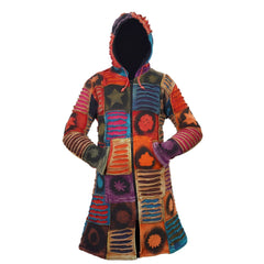 Women's Winter Coat Stencil Print Patchwork Full Zip Long Jacket