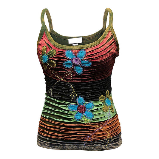 WOMEN RAZOR CUT FLOWER EMBROIDERED HIPPIE TANK TOP