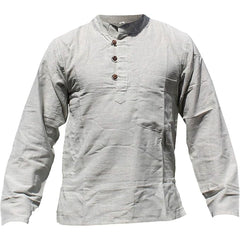 Mens Plain Hemp Band Collar Hippy Summer Light Tops Full Sleeve Grandad Shirt