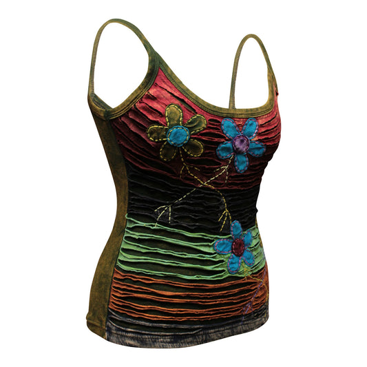 WOMEN RAZOR CUT FLOWER EMBROIDERED HIPPIE TANK TOP