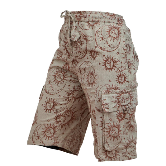 Mens Sun Moon and Mushroom Print Hippie Festival Shorts with Cargo Pockets