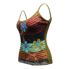WOMEN RAZOR CUT FLOWER EMBROIDERED HIPPIE TANK TOP