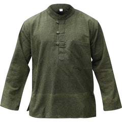 Mens Plain Hemp Band Collar Hippy Summer Light Tops Full Sleeve Grandad Shirt