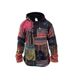 Mens Patchwork Fleece Hood Jacket, Nepalese Hand Made Cotton Pullover Sweatshirt