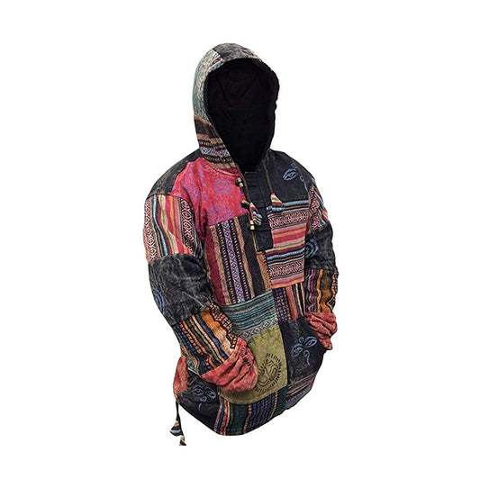 Mens Patchwork Fleece Hood Jacket, Nepalese Hand Made Cotton Pullover Sweatshirt