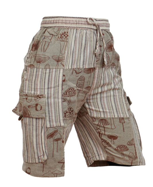 MENS PATCHWORK MUSHROOM PRINT HIPPIE BOHO CARGO SHORTS WITH POCKETS