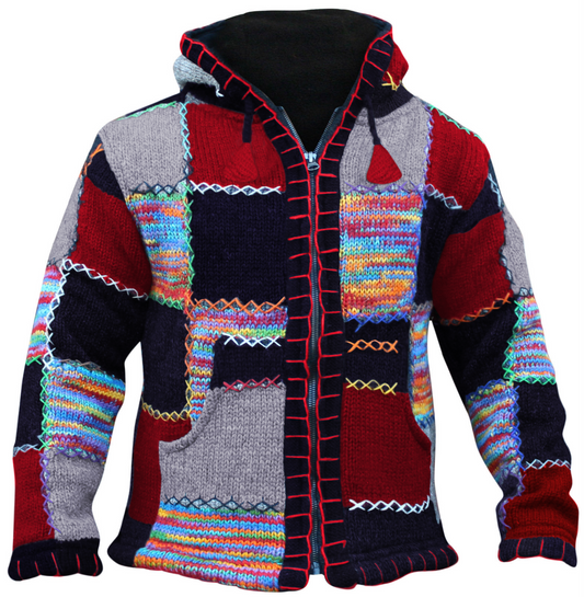Men Double Knitted Woollen Hippie Hoodie Jacket with Fleece Lining and Vibrant Patchwork