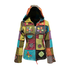 Women Love Flower Peace Embroidered Patchwork Hippie Pixie Hooded Jacket