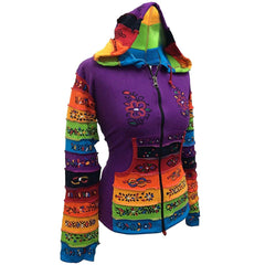 WOMEN RAINBOW FLOWER PATCH LONG SLEEVE HIPPIE PIXIE HOODIE JACKET
