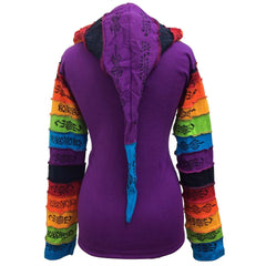 WOMEN RAINBOW FLOWER PATCH LONG SLEEVE HIPPIE PIXIE HOODIE JACKET
