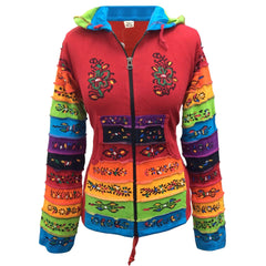 WOMEN RAINBOW FLOWER PATCH LONG SLEEVE HIPPIE PIXIE HOODIE JACKET