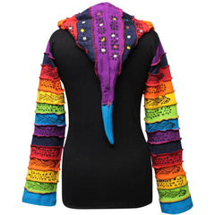 WOMEN RAINBOW FLOWER PATCH LONG SLEEVE HIPPIE PIXIE HOODIE JACKET