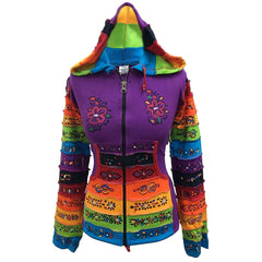 WOMEN RAINBOW FLOWER PATCH LONG SLEEVE HIPPIE PIXIE HOODIE JACKET