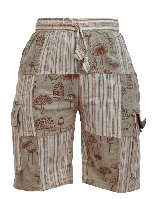 MENS PATCHWORK MUSHROOM PRINT HIPPIE BOHO CARGO SHORTS WITH POCKETS