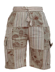 MENS PATCHWORK MUSHROOM PRINT HIPPIE BOHO CARGO SHORTS WITH POCKETS