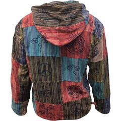 MEN STONEWASHED STRIPE PATCHWORK HIPPY HOODED GRANDAD SHIRT