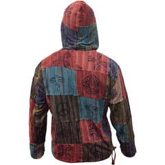 MEN STONEWASHED STRIPE PATCHWORK HIPPY HOODED GRANDAD SHIRT
