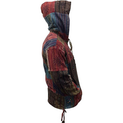 MEN STONEWASHED STRIPE PATCHWORK HIPPY HOODED GRANDAD SHIRT