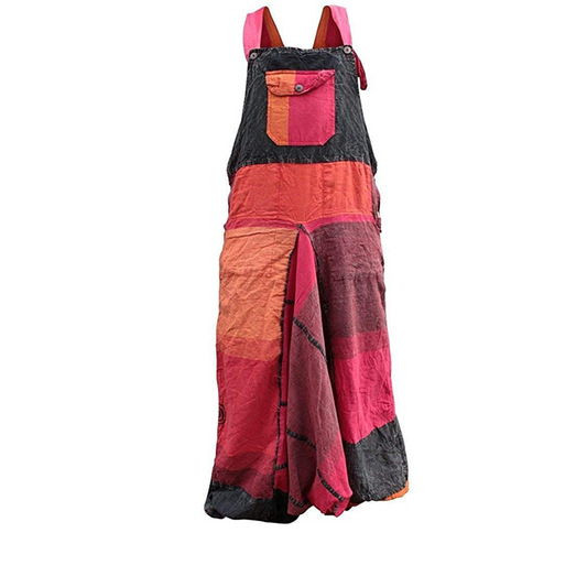 WOMENS STONEWASHED FADED HIPPIE PATCH COLOURFUL DUNGAREES
